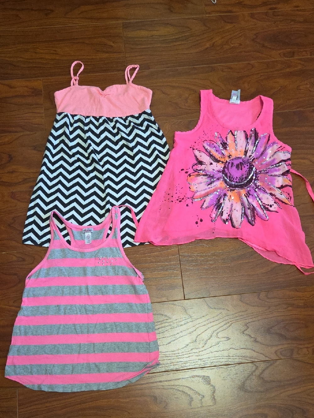 Justice Hot Pink Floral Sleeveless Tank with Glitter Daisy